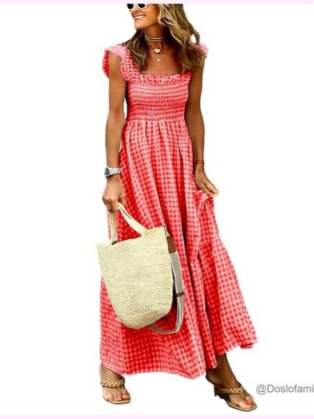 Retro Plaid Smocked Dress with Pockets, Spaghetti Strap, Flounce Hem